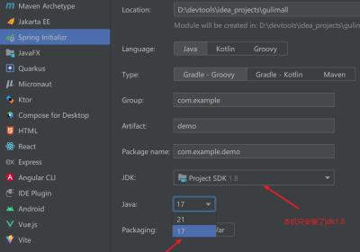 IDEA构建springBoot新项目时JDK只有17和21，无法选择JDK8解决方案
