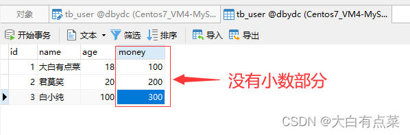 你不一定了解MySQL中的Decimal数据类型,tb_user表money字段的数据类型为decimal，会有默认值，数值没有显示小数部分,第3张