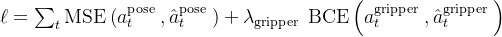 大模型机器人的爆发时刻：从RoboFlamingo、OK-Robot到、CMU 18万机器人、Digit,\ell=\sum_{t} \operatorname{MSE}\left(a_{t}^{\text {pose }}, \hat{a}_{t}^{\text {pose }}\right)+\lambda_{\text {gripper }} \operatorname{BCE}\left(a_{t}^{\text {gripper }}, \hat{a}_{t}^{\text {gripper }}\right),第64张