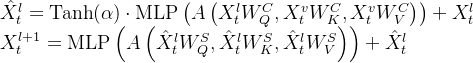 大模型机器人的爆发时刻：从RoboFlamingo、OK-Robot到、CMU 18万机器人、Digit,\begin{array}{l} \hat{X}_{t}^{l}=\operatorname{Tanh}(\alpha) \cdot \operatorname{MLP}\left(A\left(X_{t}^{l} W_{Q}^{C}, X_{t}^{v} W_{K}^{C}, X_{t}^{v} W_{V}^{C}\right)\right)+X_{t}^{l} \ X_{t}^{l+1}=\operatorname{MLP}\left(A\left(\hat{X}_{t}^{l} W_{Q}^{S}, \hat{X}_{t}^{l} W_{K}^{S}, \hat{X}_{t}^{l} W_{V}^{S}\right)\right)+\hat{X}_{t}^{l} \end{array},第46张