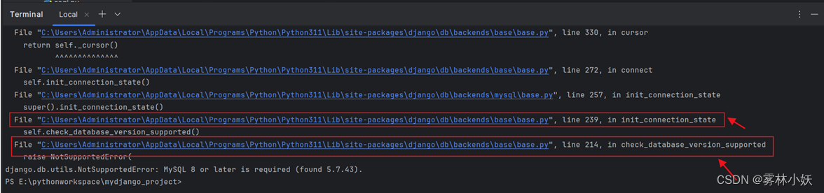 django报错： raise NotSupportedError(django.db.utils.NotSupportedError: MySQL 8 or later is required,第1张