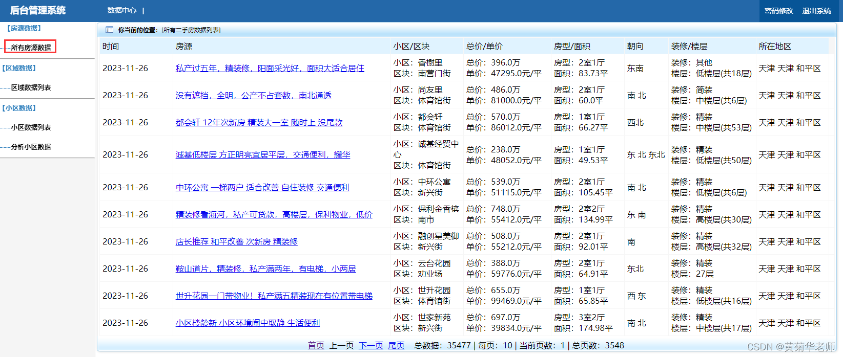 Python天津二手房源爬虫数据可视化分析大屏全屏系统,第1张