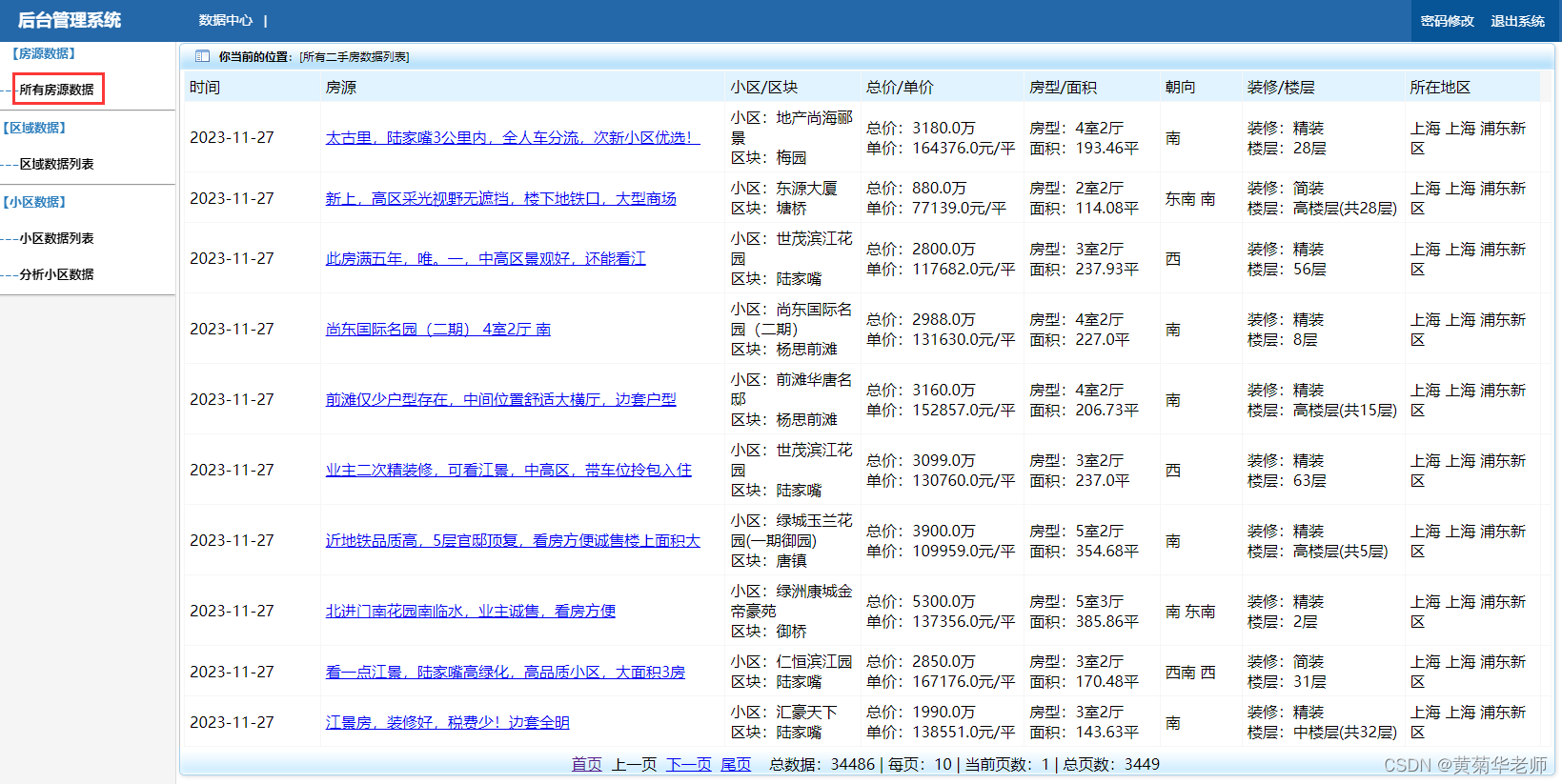 Python上海二手房源爬虫数据可视化分析大屏全屏系统,第4张