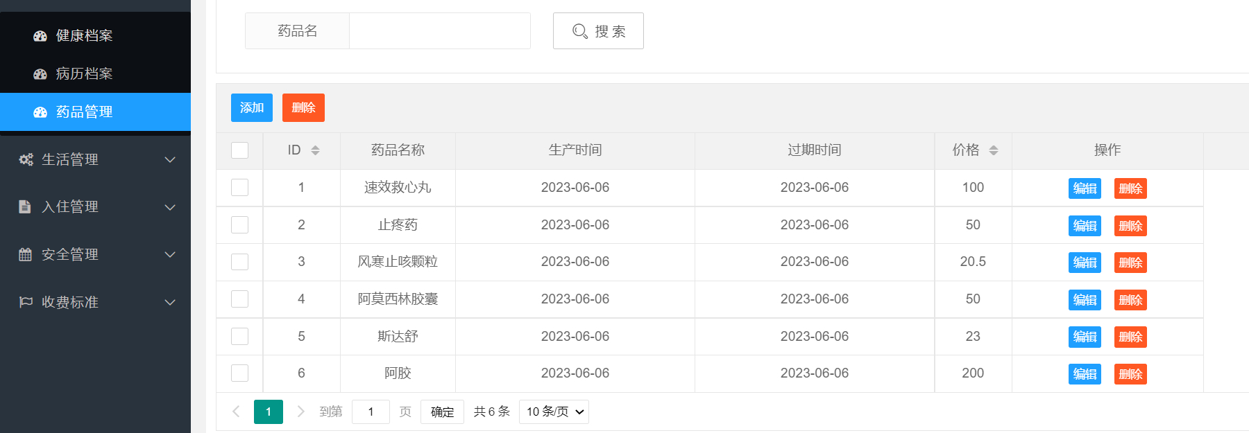 基于springboot的养老院管理系统的设计与实现 （含源码+sql+视频导入教程）,超级管理员-药品管理,第7张