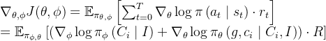 带RL的机器人：从类似预测下一个token的伯克利Digit到CMU 18万机器人,\begin{array}{l} \nabla_{\theta, \phi} J(\theta, \phi)=\mathbb{E}_{\pi_{\theta, \phi}}\left[\sum_{t=0}^{T} \nabla_{\theta} \log \pi\left(a_{t} \mid s_{t}\right) \cdot r_{t}\right] \ =\mathbb{E}_{\pi_{\phi, \theta}}\left[\left(\nabla_{\phi} \log \pi_{\phi}\left(C_{i} \mid I\right)+\nabla_{\theta} \log \pi_{\theta}\left(g, c_{i} \mid C_{i}, I\right)\right) \cdot R\right] \end{array},第83张